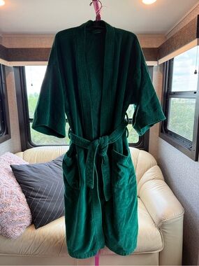 Vintage Emerald Green 100% Cotton Terry Spa Bath Robe Kimono Belted L XL